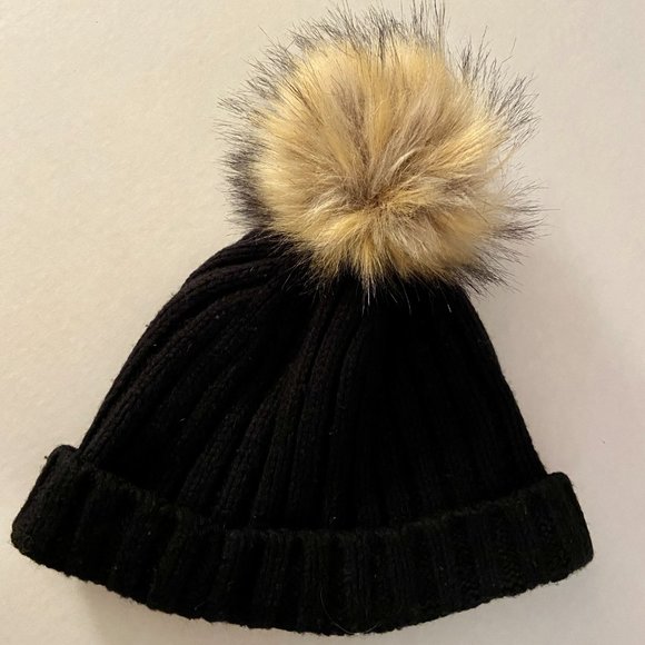 J. Crew black knit hat with faux fur pom